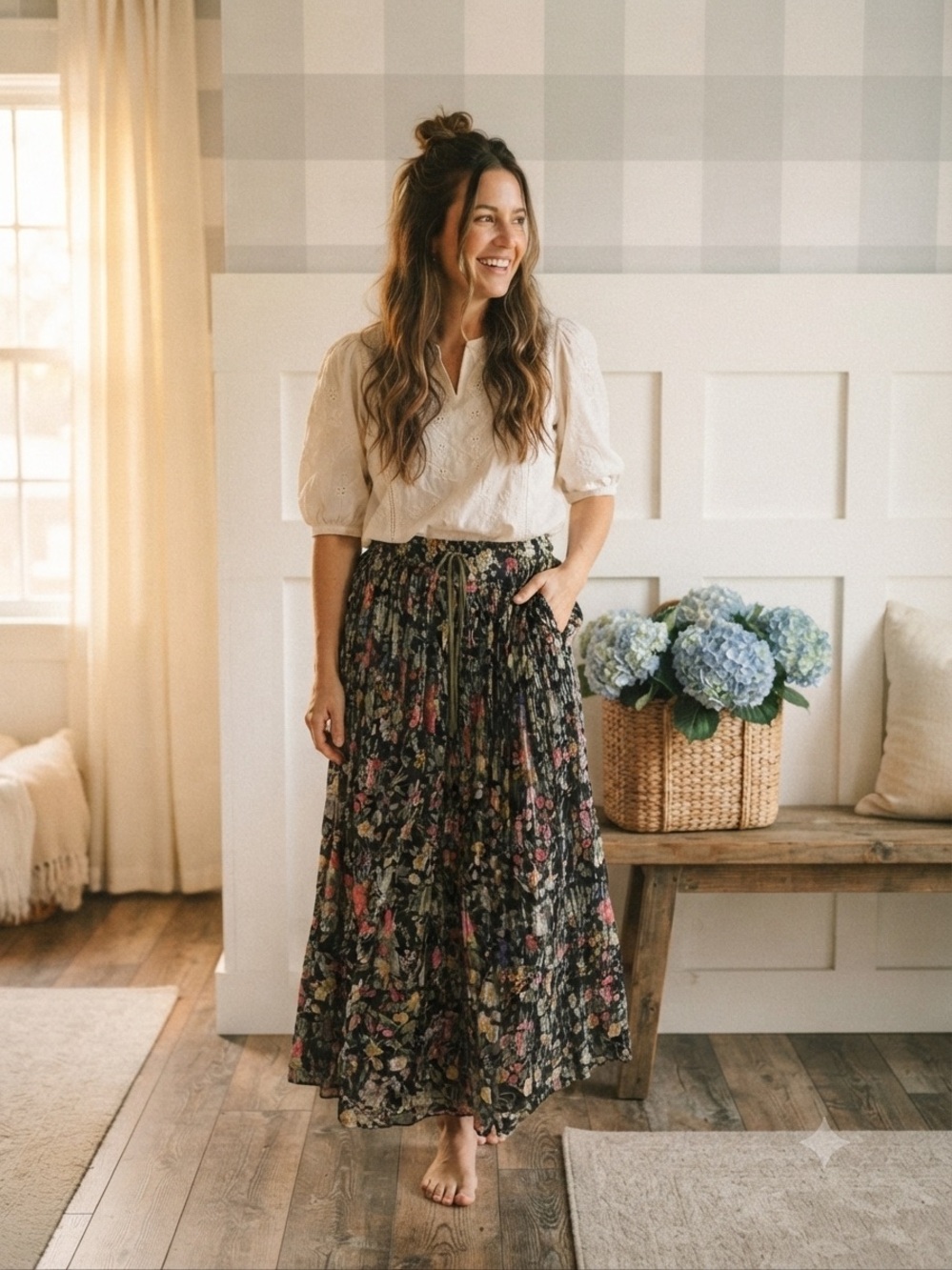 Vintage Floral Pleated Maxi Skirt Medium